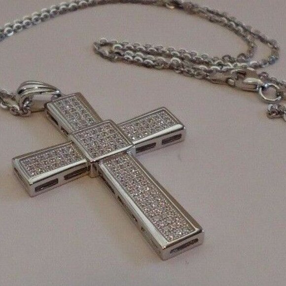 925 STERLING SILVER MICRO PAVE CROSS NECKLACE PENDANT W/ 2 CT LAB DIAMONDS - Picture 4 of 8